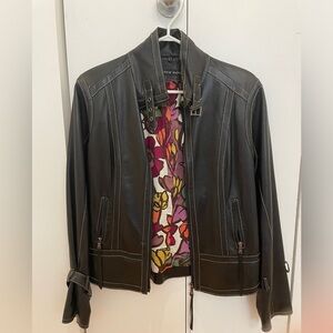 Andrew Marc Black Leather Jacket with Colorful Floral Lining